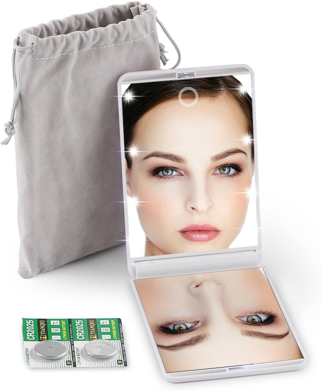 LED Lighted Compact Makeup Mirror,Handheld Illuminated Travel Mirror,Portable Folding Purse Mirror with Light,Touch Dimmable Pocket Mirror,1X, 2X Magnification,Pouch_4 Batteries included,Gift,White