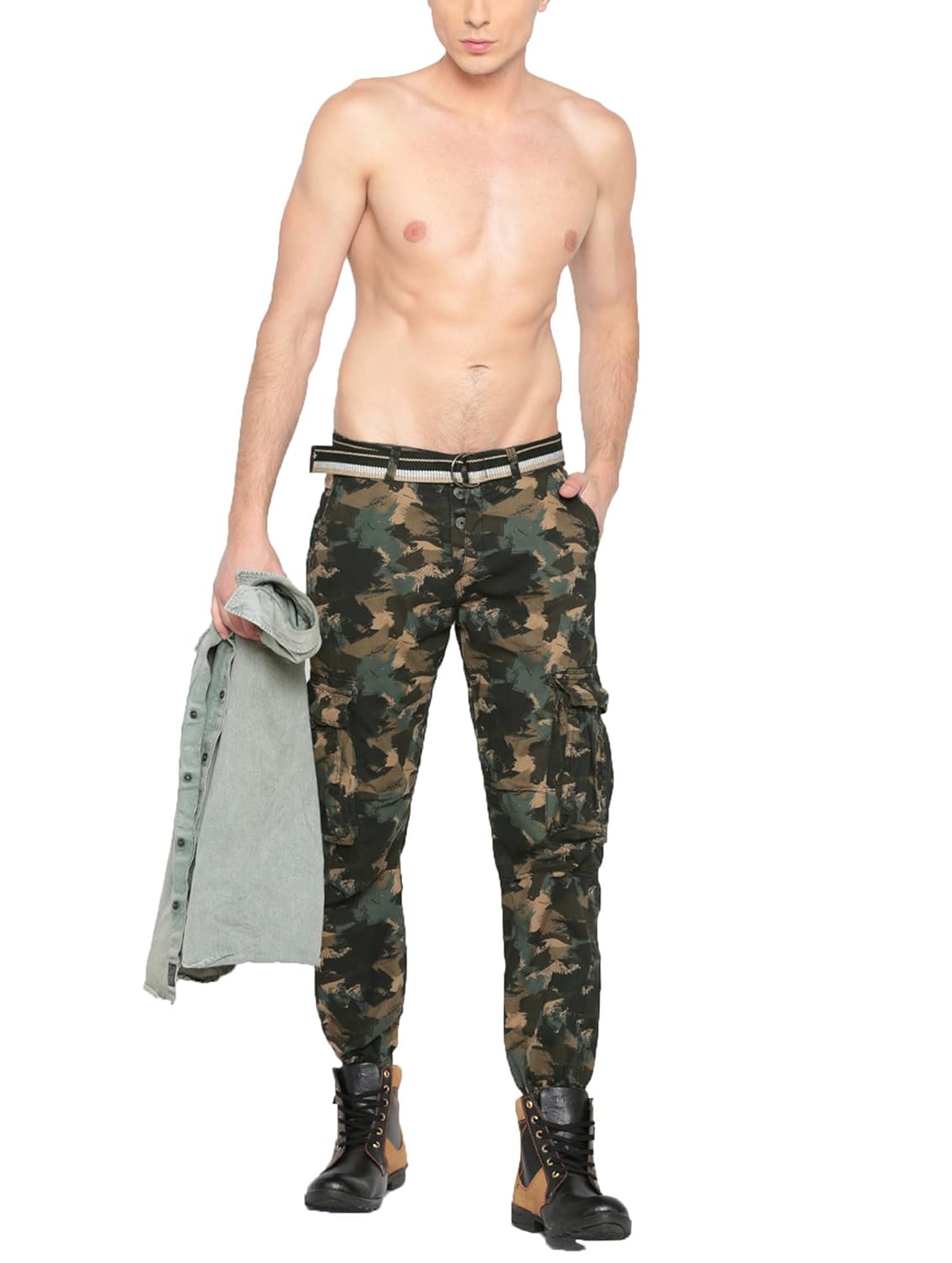 sports52 wear men's cotton beige tapered fit printed cargos