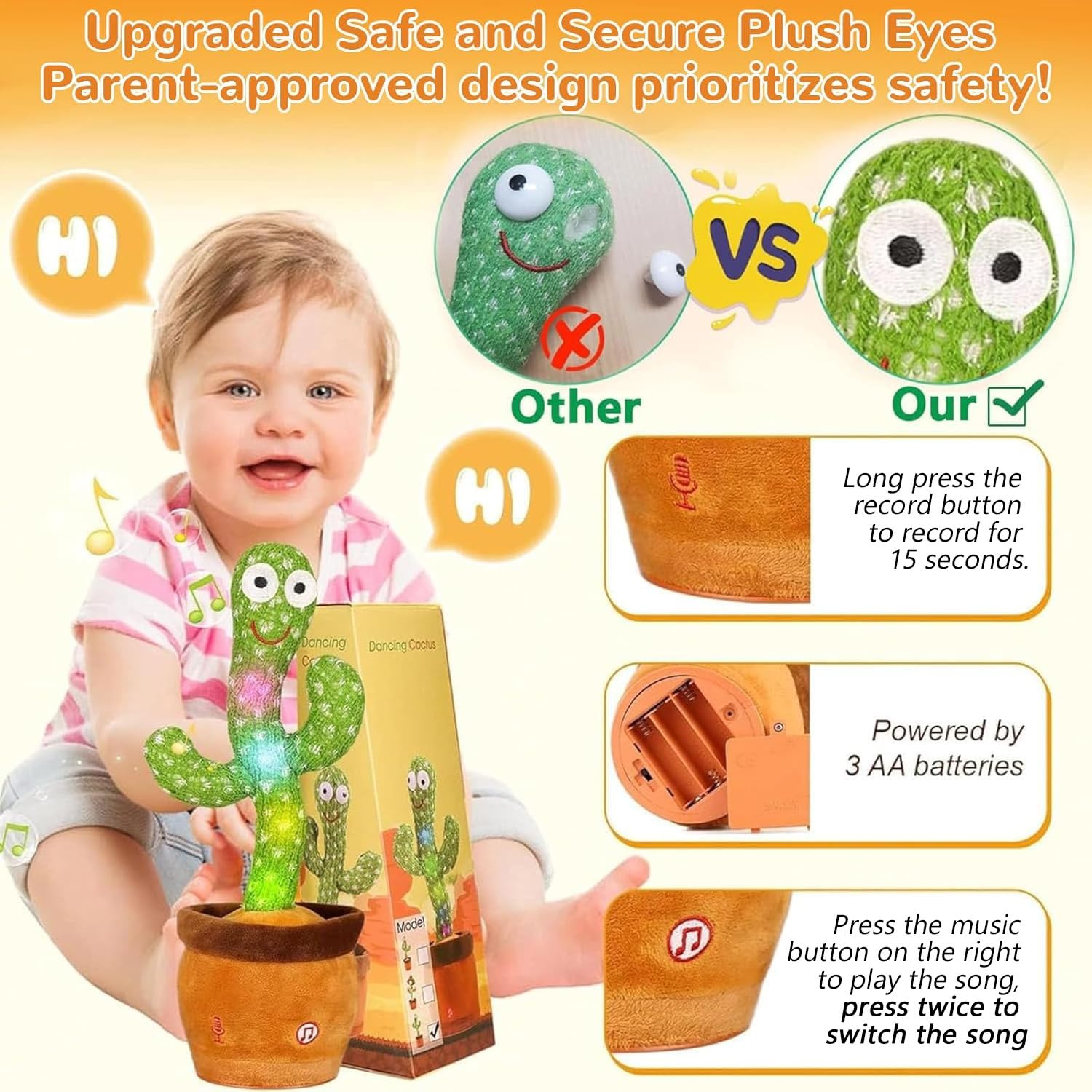 MILEGI Dancing Talking Cactus Toy, Baby Singing Recording Mimicking Cactus Toy, Repeats What You Say, Musical Interactive Infant Toddler Toys for 1 Year Old Boys Girls