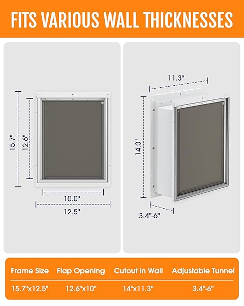 POWOOLS PET DOG DOOR FOR WALL – ROBUST STEEL PET DOOR WITH MAGNETIC TRIPLE FLAPS, 12.6″ X 10″ FLAP OPENING, ADJUSTABLE TUNNEL FOR 3.4″-6″ THICK PVC, WOOD, DRYWALL, FOR PETS UP TO 45LB, WHITE