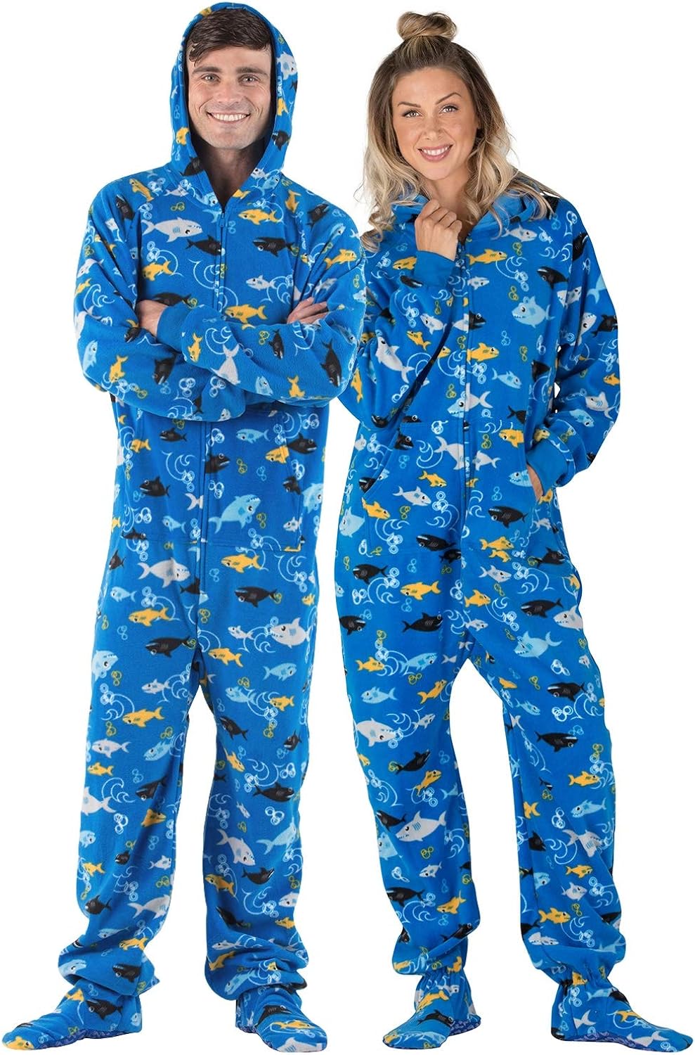 Footed Pajamas - Shark Frenzy Adult Hoodie Fleece Onesie