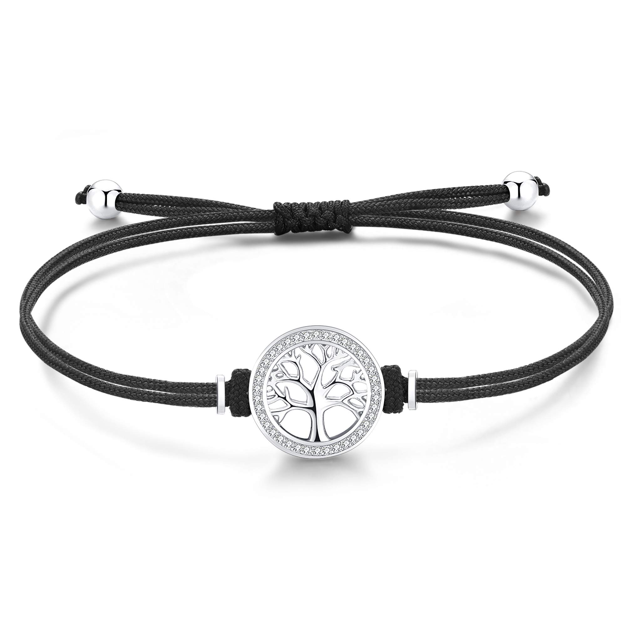 Jrêveinfini Tree of Life Bracelet for Women Girls Sterling Silver 925 Sister Best Friendship Bracelet Charms Personalised Adjustable Rope Granddaughter Auntie Protection Black String Bracelet Mum
