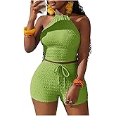 RoseSeek Women's 2 Piece Outfits Textured Sleeveless Cropped Halter Tops and Mini Shorts Summer Sets