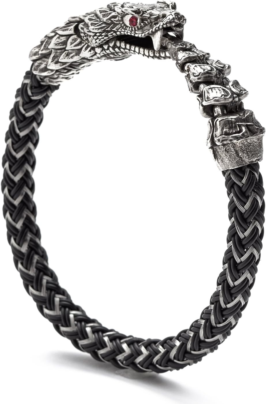 William Henry Men's 9 Inch Silver and Red Topaz BR7 Full Circle Snake Bracelet