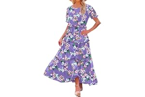 Generic Summer Dresses for Women 2024 Boho Floral Graphic Ruffles Maxi Dress Loose Fit Crewneck Vacation Beach Sun Dress