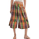 Soamat Womens Summer Boho Wide Leg Culotte Pants Casual Elastic Waisted Palazzo Trousers Colorful Plaid Capris with Pockets