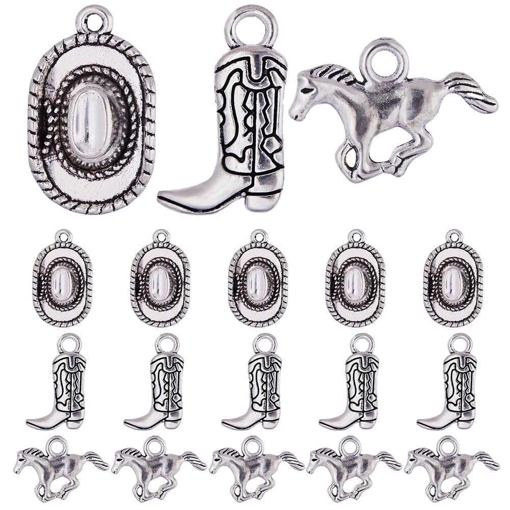 SUNNYCLUE 1 Box 90Pcs Western Cowboy Charms 3D Miniature Cowboy Hat Charm Tibetan Style Antique Silver Horse Charm Double Sided Boot Shoe Charms for jewellery Making Charms DIY Keychain Craft Supplies