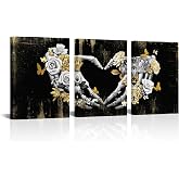 Visual Art Decor Black Grey Gold Skull Decor Love Heart Painting Gothic Home Decor, Framed Artwork for Walls 3 Pieces (Small)