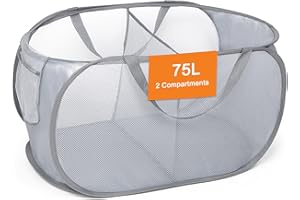 BEMKOO Sturdy Collapsible Laundry Baskets, Foldable Pop Up Laundry Hamper, Durable 2 Compartments Laundry Basket, Handy Pocket & Easy to Sort Clothes Hampers for Laundry, Dorm, Kids Room, Travel Grey