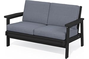SERWALL HDPE Outdoor Patio Loveseat, Black Frame and Grey Cushion