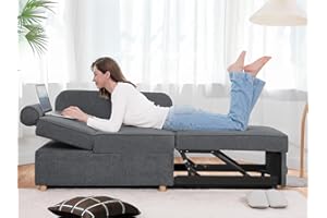 OHOHOLIVE Sleeper Sofa Bed 4-in-1 Convertible Couch, Linen Fabric Love seat Couch with 2 Throw Pillow, Single Recliner for Small Space with 5 Adjustable Angles Backrest