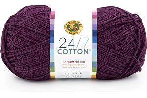 Lion Brand Yarn, 24/7 Cotton Yarn, Eggplant, Purple, 1 Pack | Light Worsted 100% Mercerized Cotton Yarn for Crochet, Knitting, Craft, 185 Yards of Natural Fiber for Tees, Bags, Dishcloths