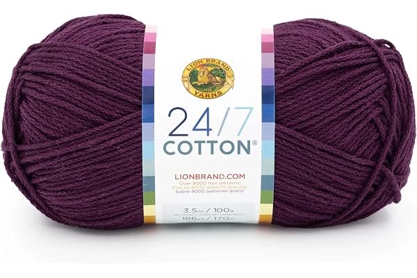 Lion Brand Yarn, 24/7 Cotton Yarn, Eggplant, Purple, 1 Pack | Light Worsted 100% Mercerized Cotton Yarn for Crochet, Knitting, Craft, 185 Yards of Natural Fiber for Tees, Bags, Dishcloths