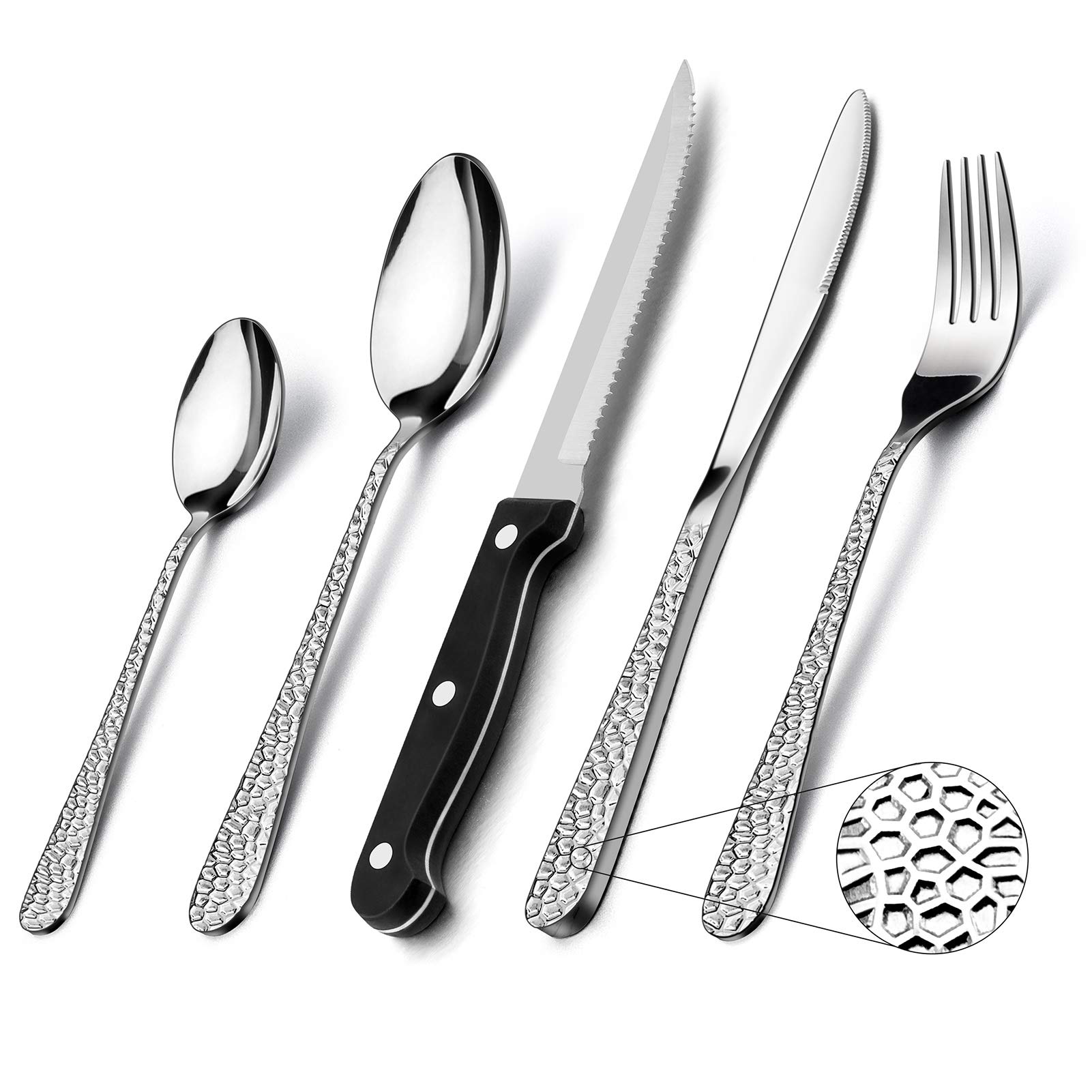 Homikit Cutlery Sets with Steak Knives, 30 Piece Stainless Steel Hammered Flatware Set Service for 6, Elegant Silverware Include Forks Knives Spoons, Mirror Finished & Dishwasher Safe