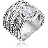 JEAN RACHEL JEWELRY 925 Sterling Silver Ring - Wide Multi Strand Floral & Leaves with Cubic Zirconia Vintage Design - Hypoallergenic, Lead & Nickel Free - Artisan Handcrafted Statement Rings for Women