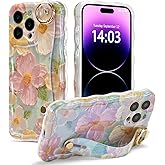EYZUTAK Case with Hand Strap for iPhone 17 Pro Max, Colorful Oil Painting Flower Case with Wristband Kickstand Laser Curly Wave Edge Stylish Durable TPU Protective Cover for Women - Green