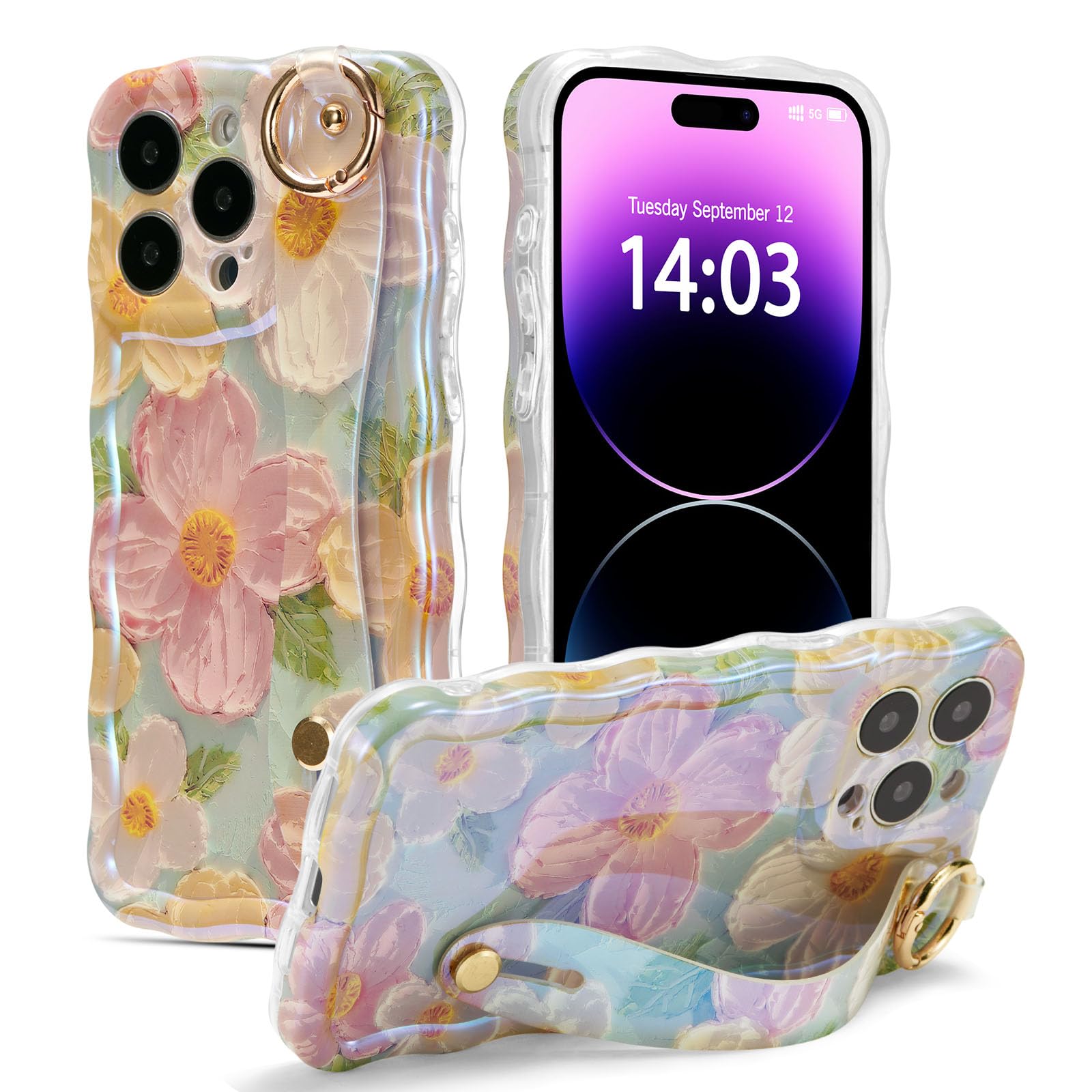 EYZUTAK Case with Hand Strap for iPhone 16 Plus, Colorful Oil Painting Flower Case with Wristband Kickstand Laser Curly Wave Edge Stylish Durable TPU Protective Cover for Women - Green