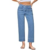 GRAPENT Wide Leg Jeans for Women Trendy High Waisted Straight Leg Cropped Stretchy Denim Pants with Retro Patch Pockets