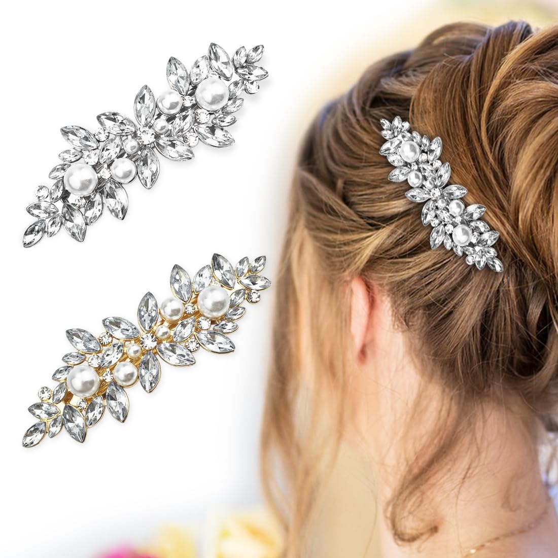 SHSMPXOY 2 Pcs Rhinestone Hair Clips,Crystal Barrettes,Fancy Hair Clips for Women,Bridal Hair Accessories Wedding,Pearl Decorative Hair Clips for Daily Party Prom (Silver + Gold Pearl)