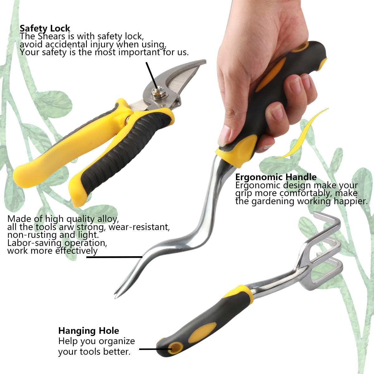 Enegitech Gardening Tools Set, 7 Piece Garden Hand Tools Heavy Duty Gardening Kit Includes Weeder Hand Trowel Spade Rake Garden Fork Pruning Shear for Kids Women Man Garden Gift Set : Garden & Outdoor