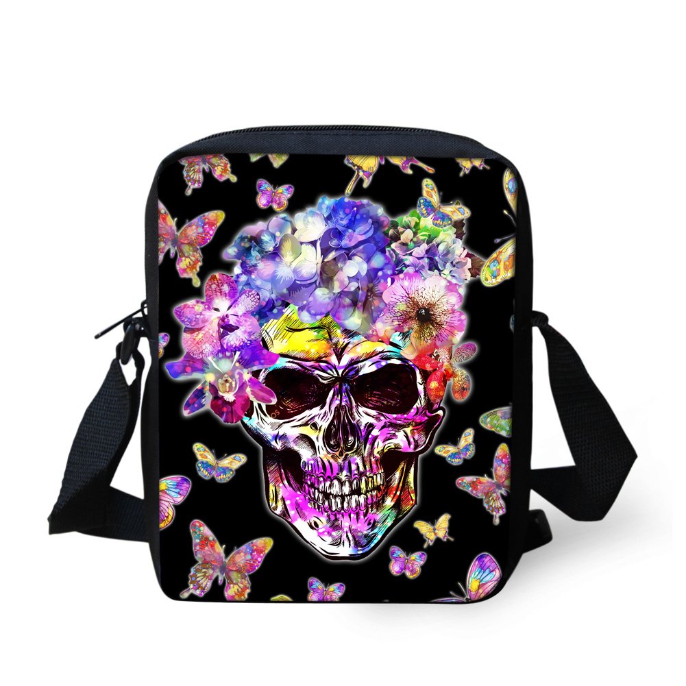 HUGS IDEA Butterfly Skull Print Small Crossbody Bag Outdoor Travel Casual Messenger Bag Handbags