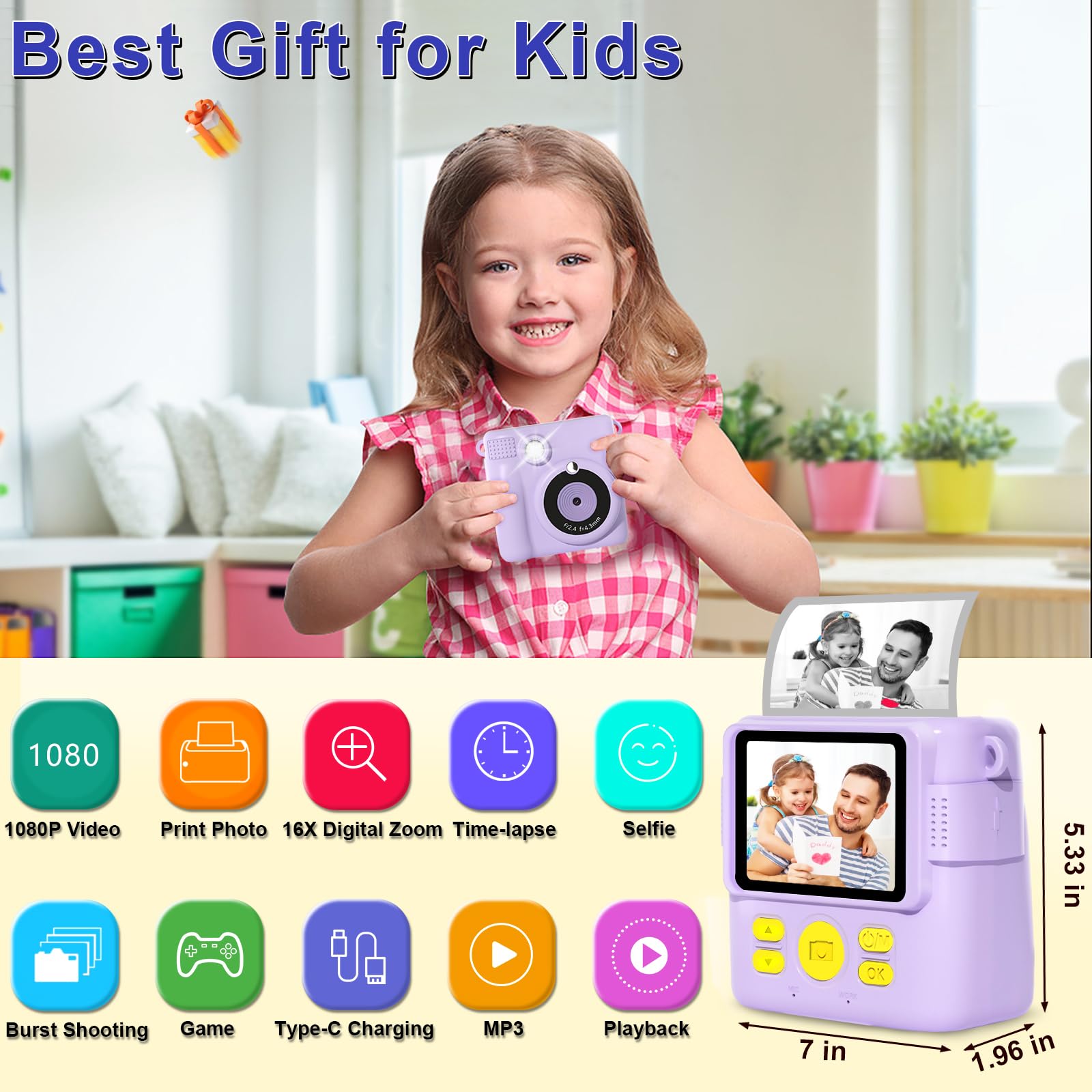 Instant Print Camera for Kids - 1080P HD Instant Print Photo - Christmas Birthday Gifts for Age 4 5 6 7 8 9 10 Girls Boys - Portable Toy with 3 Rolls Photo Paper, 5 Color Pens, 32GB Card - Purple