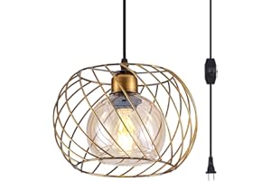 YLONG-ZS Gold Small Hanging Glass Lamps, Plug-in Dimmable Pendant Lighting for Bedroom Living Room, 16ft Cord, Adjustable