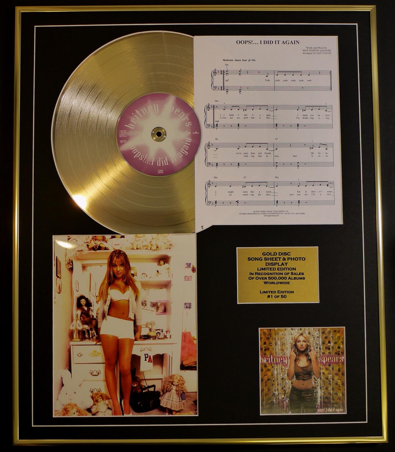 BRITNEY SPEARS/CD GOLD DISC, SONG SHEET & PHOTO DISPLAY/LTD. EDITION/COA/ALBUM .OOPS I DID IT AGAIN/SONG SHEET.OOPS I DID IT AGAIN