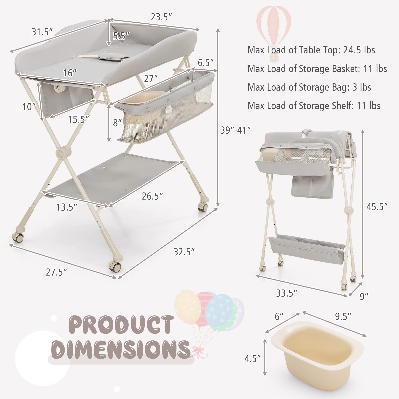 BABY JOY Portable Baby Changing Table, Foldable Diaper Changing Station w/Wheels, Adjustable Height, Large Storage Rack, Water Basin, Safety Belt, Mobile Nursery Organizer for Newborn Infant (Gray)