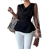 OYOANGLE Women's Floral Embroidery Sheer Long Sleeve Blouse Cowl Neck Ruched Bow Tie Back Peplum Top