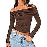 Trendy Queen Women Long Sleeve Shirts Off Shoulder Tops Going Out Crop Sexy Slim Fitted Y2K Fall Outfits 2026 Fashion Clothes
