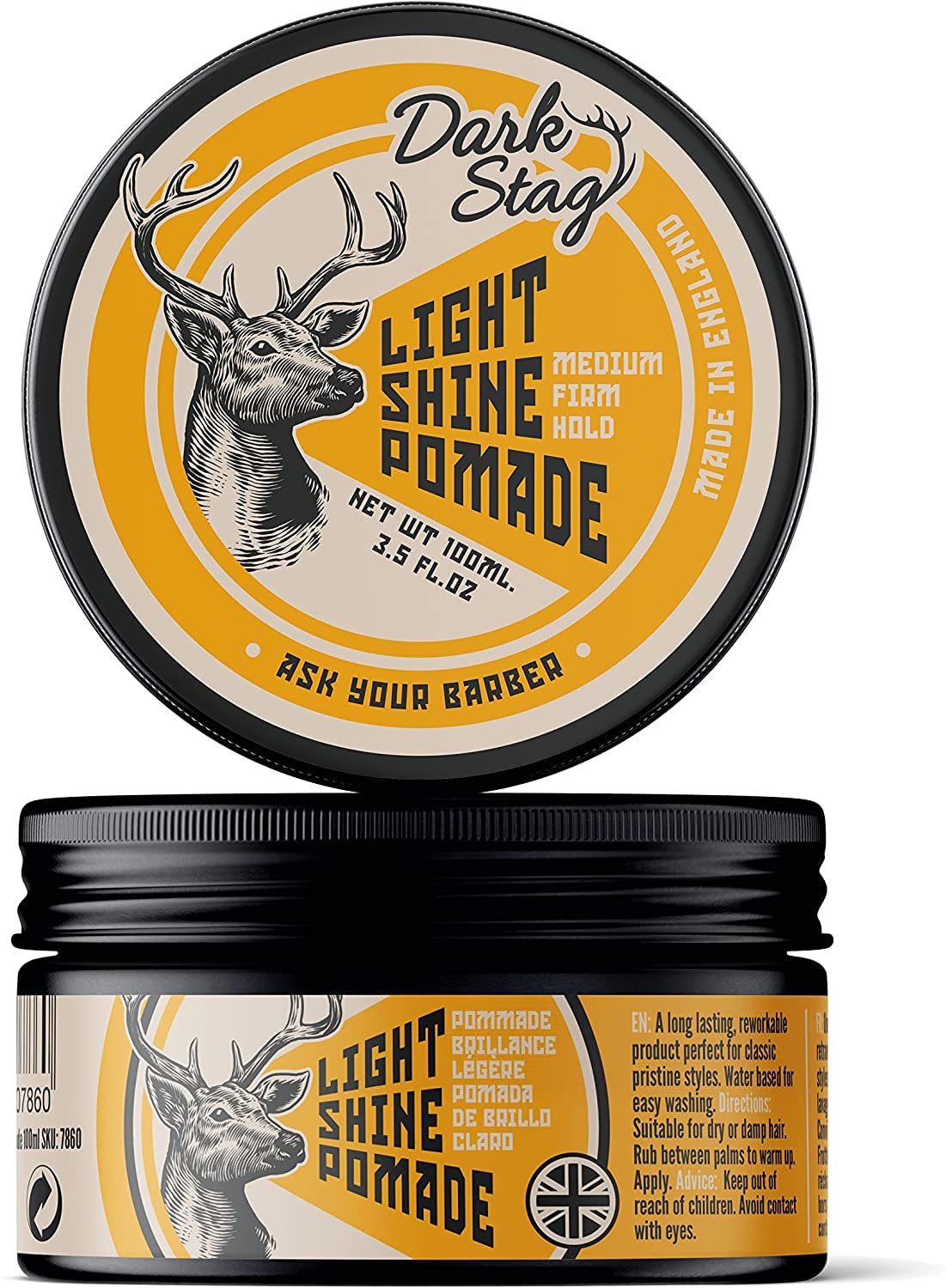 Dark Stag Light Shine Pomade, Medium Hold Hair Pomade For Men, Water Based Easy to Wash Hair Pomade, Sleek Traditional Styles, 100ml / 3.5oz