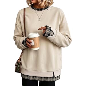 RICHSTORY Womens Sweatshirt Plaid Patchwork Pullover Tops Teacher Outfits | Fleece Lined, Faux Double Layer, Long Sleeve Shir