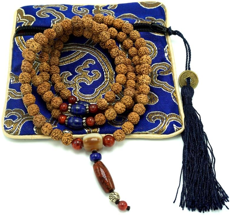 Mother's Day Tibetan Natural Rudraksha Meditation Rosary Beads with Lapis Lazuli and Agate Stones, 6mm, 17-inch, 108 Beads