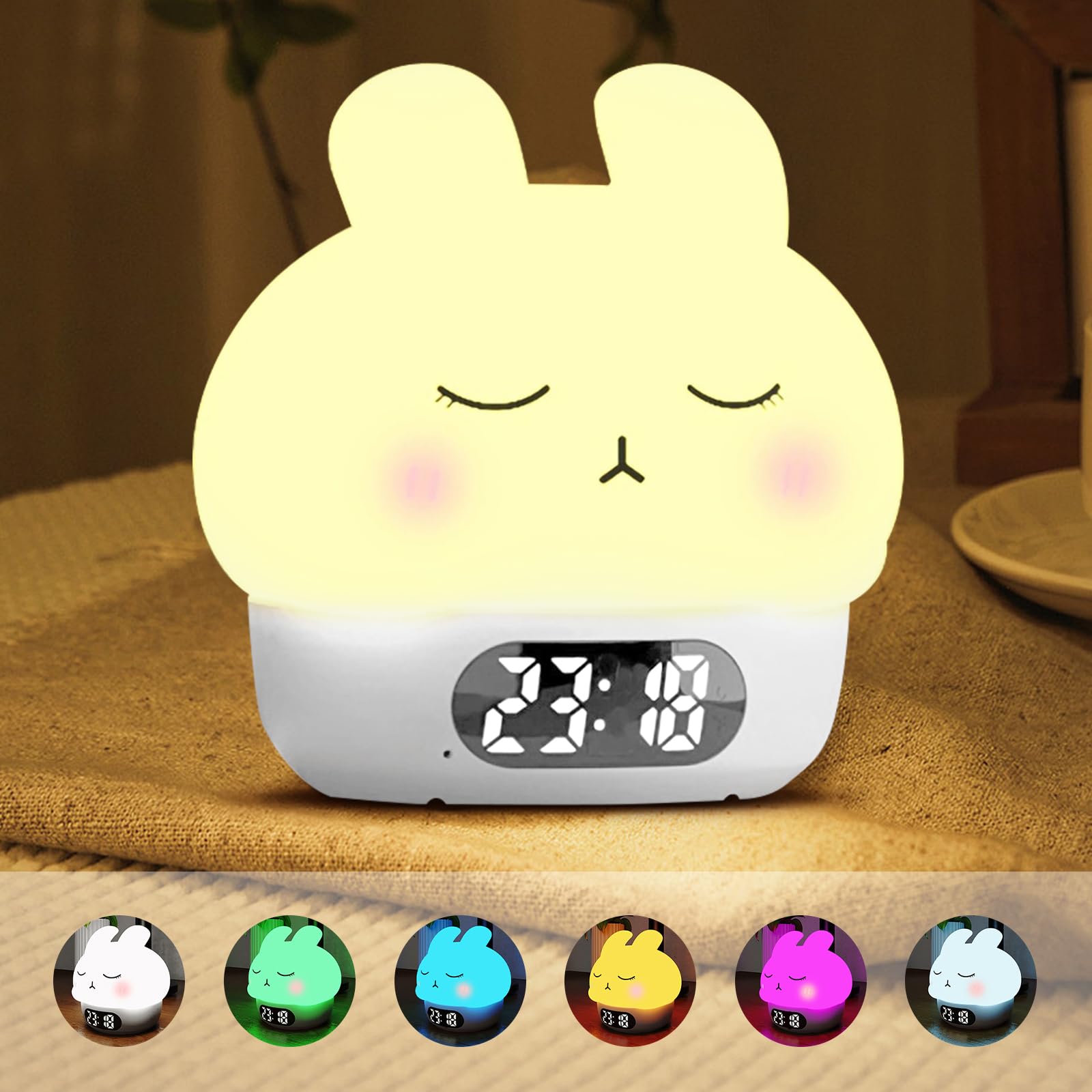 Cuteefun Alarm Clock Bedside with Light, Bunny Night Light for Kids Bedroom, Rechargeable Digital Clock, Dual Alarms, Snooze, 9 Color Modes, Dimmable, Touch Sensor Bedside Table Lamp for Room Decor