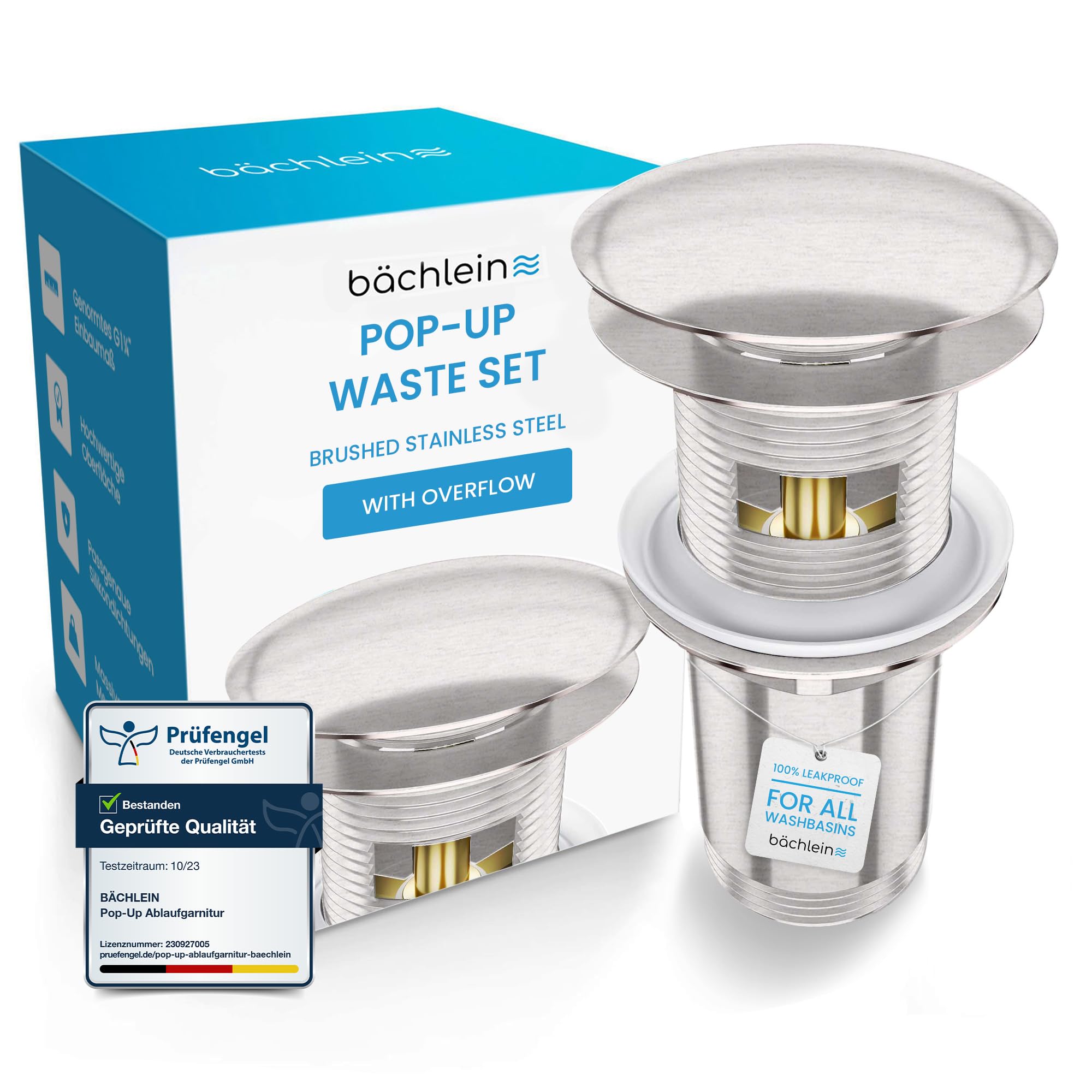 Bächlein Universal Drain Set with Overflow (Brushed Stainless Steel) - Brass Drain Valve Drain Set - Installation with Instructions — image 1