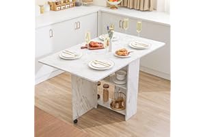 VANSPACE Folding Dining Table Drop Leaf Table for Small Spaces with Storage Racks Multifunction Space Saving Table Extension Dinner Table for Kitchen Bedroom Dining Room White Marble