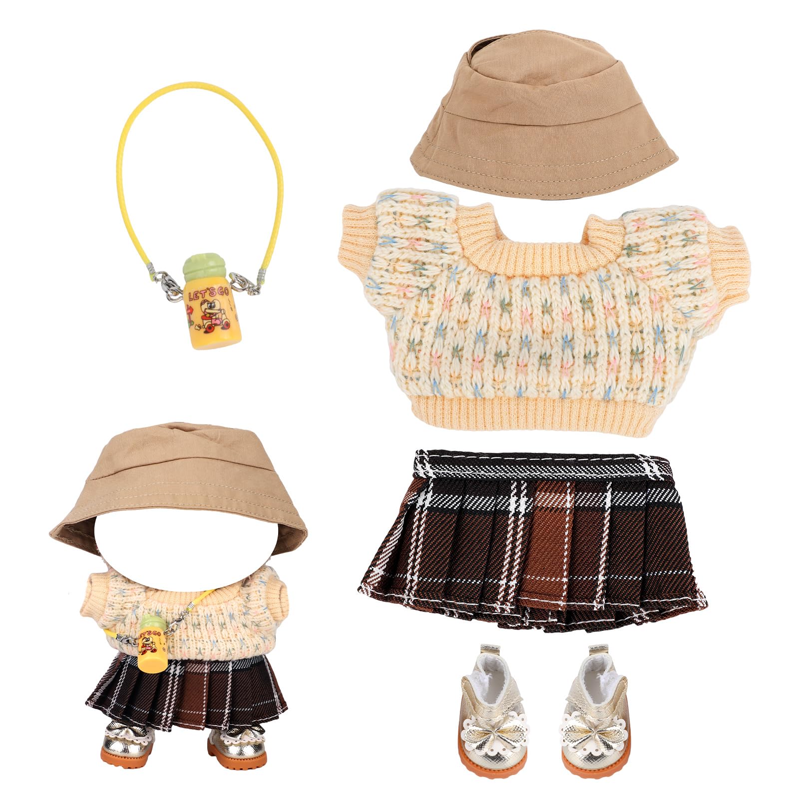 Photo 1 of Fukaisu 5pcs Doll Clothes Set, 15/17cm Doll Outfit Accessories Including Floral Sweater Plaid Skirt Hat Shoes Water Bottle (Brown)