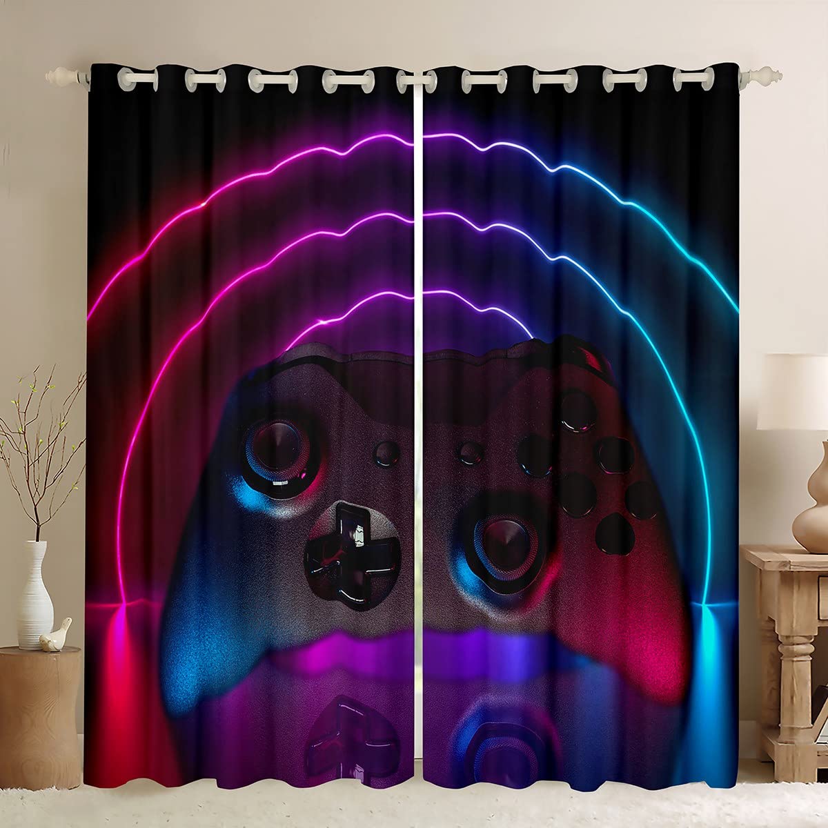 Gamepad Window Drapes Boys Gamer Curtains Teens Black Video Game Gamepad Window Treatments for Kids Children Bedroom Decor Game Controller Action Buttons Window Curtain W66*L72