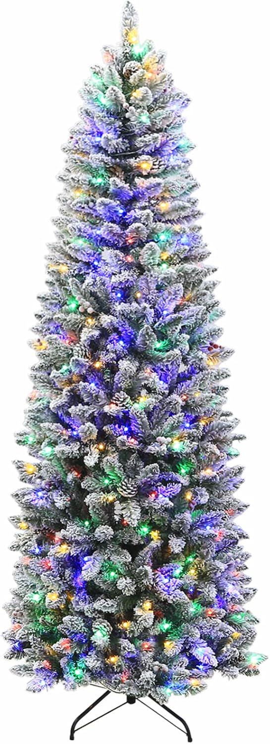Trees - Hykolity 6.5 ft Prelit Snow Flocked Pencil Slim Christmas Tree, 544 PVC Branch Tips, 200 Color Changing LED Lights, Metal Stand and Hinged Branches, 10 Color Modes