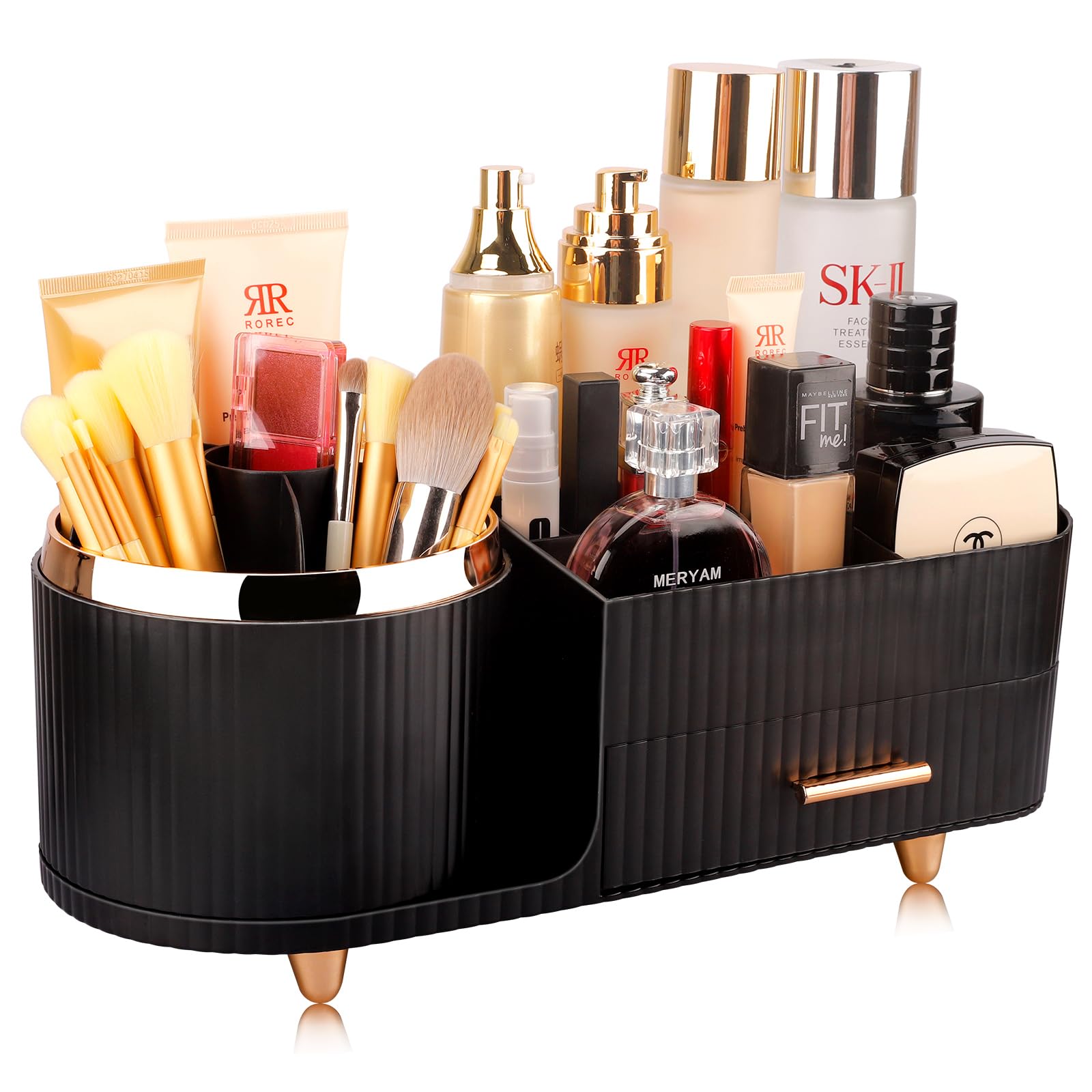 Photo 1 of Beborxue 360° Rotating Makeup Organizer for Vanity with Drawers, Large Capacity Cosmetic Display Case, skincare organizer, Cosmetic Organizer for Lipstick, Skincare, Brushes, Eyeshadow, (Black)