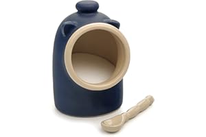 RSVP International Stoneware Salt Pig and Spoon Set, Wide Mouth, Dishwasher Safe, 3x3.25x5, Blue