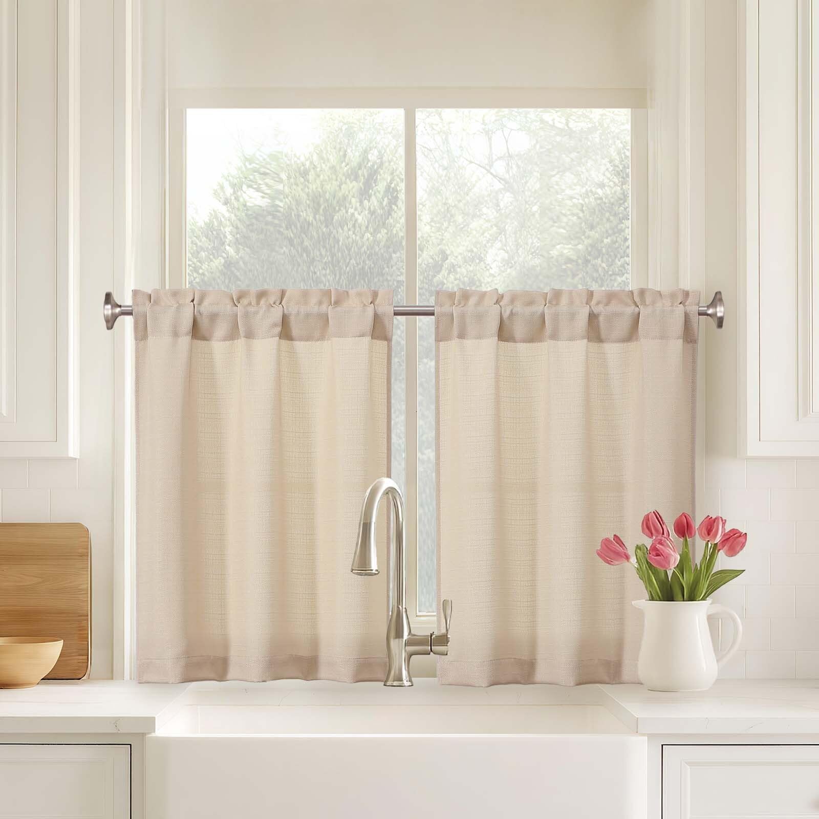 Ebesto Kitchen Curtains 24 Inch Length 2 Panels, Light Filtering Soft Thick Faux Linen Textured Cafe Curtains Tiers, Dual Rod Pocket Short Window Curtain for RV Camper, Linen Color, 2x30Wx24L Inches