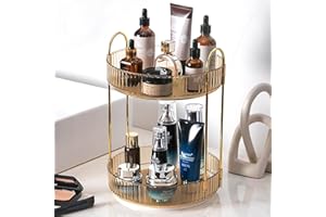 Zufudo Rotating Makeup Organizer 2 Tier Lazy Susan Trays Skincare Perfume Organizer for Bathroom Counter Vanity, Amber Gold