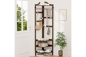 AMBIRD Bamboo Corner Coat Rack, 4-Tier Corner Hall Tree with Bench and Shoe Storage, Entryway Organizer with 10 Metal Hooks &