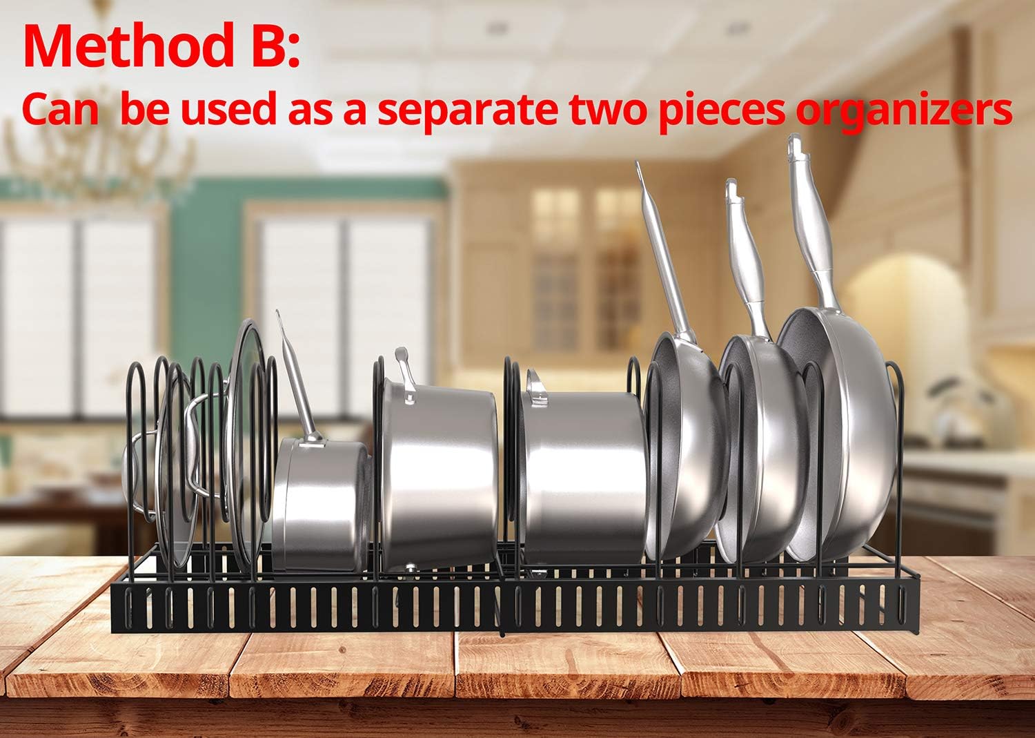 Vdomus Extensible Pot Rack Organizer with 4 DIY Methods, Length Adjustable and Max Extended to 31 inches 13+ Pans Holder, Black Metal Kitchen Cabinet Pantry Pot Lid Holder: Home Improvement