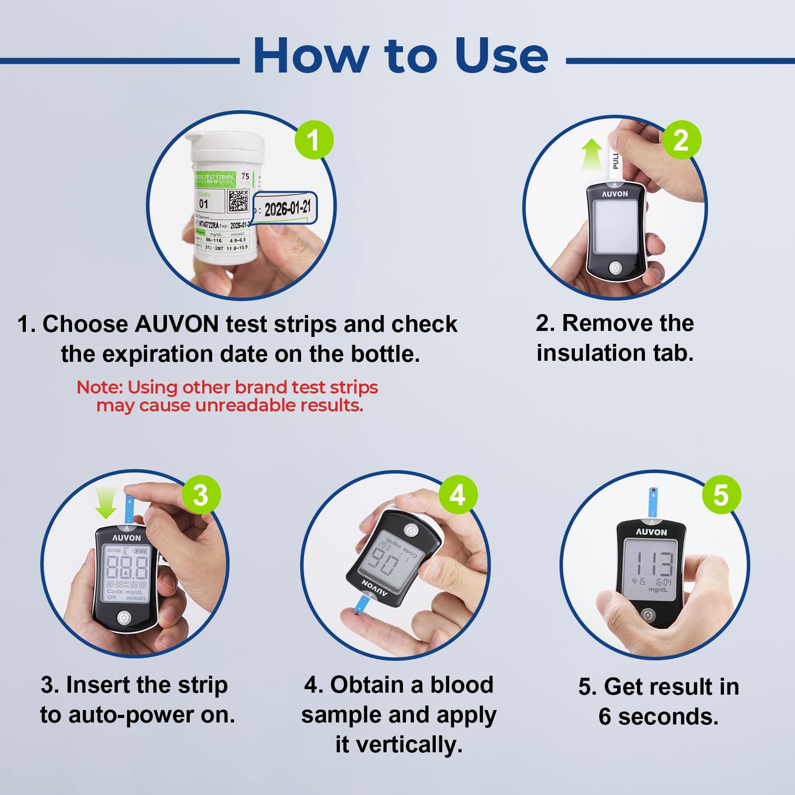 AUVON Blood Glucose Monitor Kit, High Accuracy Blood Sugar Test Kit with 50 Glucometer Strips, 50 30G Lancets, 1 Lancing Devices, DS-W Diabetes Testing Kit, No Coding Required, Travel Size