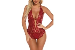 Aranmei Sexy Lingerie for Women Lace Teddy Bodysuit Deep V Cut Out Matching Panty Underwear
