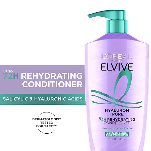 L’OREAL PARIS ELVIVE HYALURON + PURE 72H REHYDRATING CONDITIONER FOR OILY HAIR, HAIR CONDITIONER WITH SALICYLIC AND HYALURONIC ACID, 28 FL OZ
