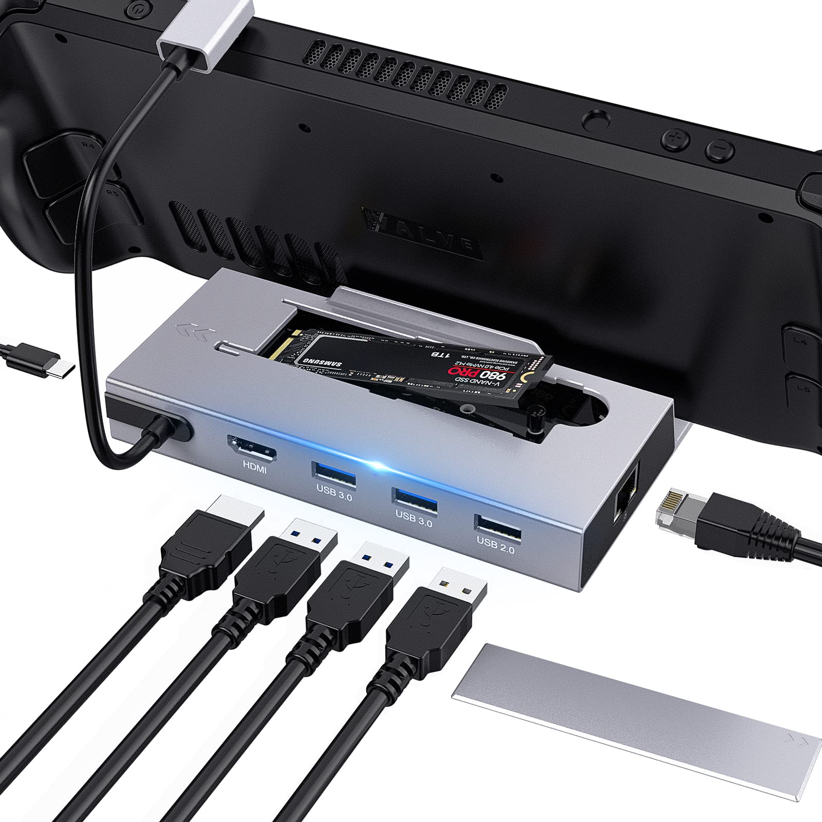 Steam Deck Dock, USB C Docking Station with 2 TB M.2 Card Slot, HDMI 4K@60Hz, 1000 Mbps Ethernet, 2 USB 3.0 and PD 100W Fast Charging, Compatible with Steam Deck OLED/ASUS ROG Alloy/Lenovo Legion Go